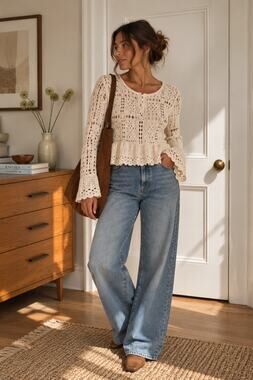 Davi & Dani Cream Crochet Peplum Cardigan Boho Cottagecore M ✨